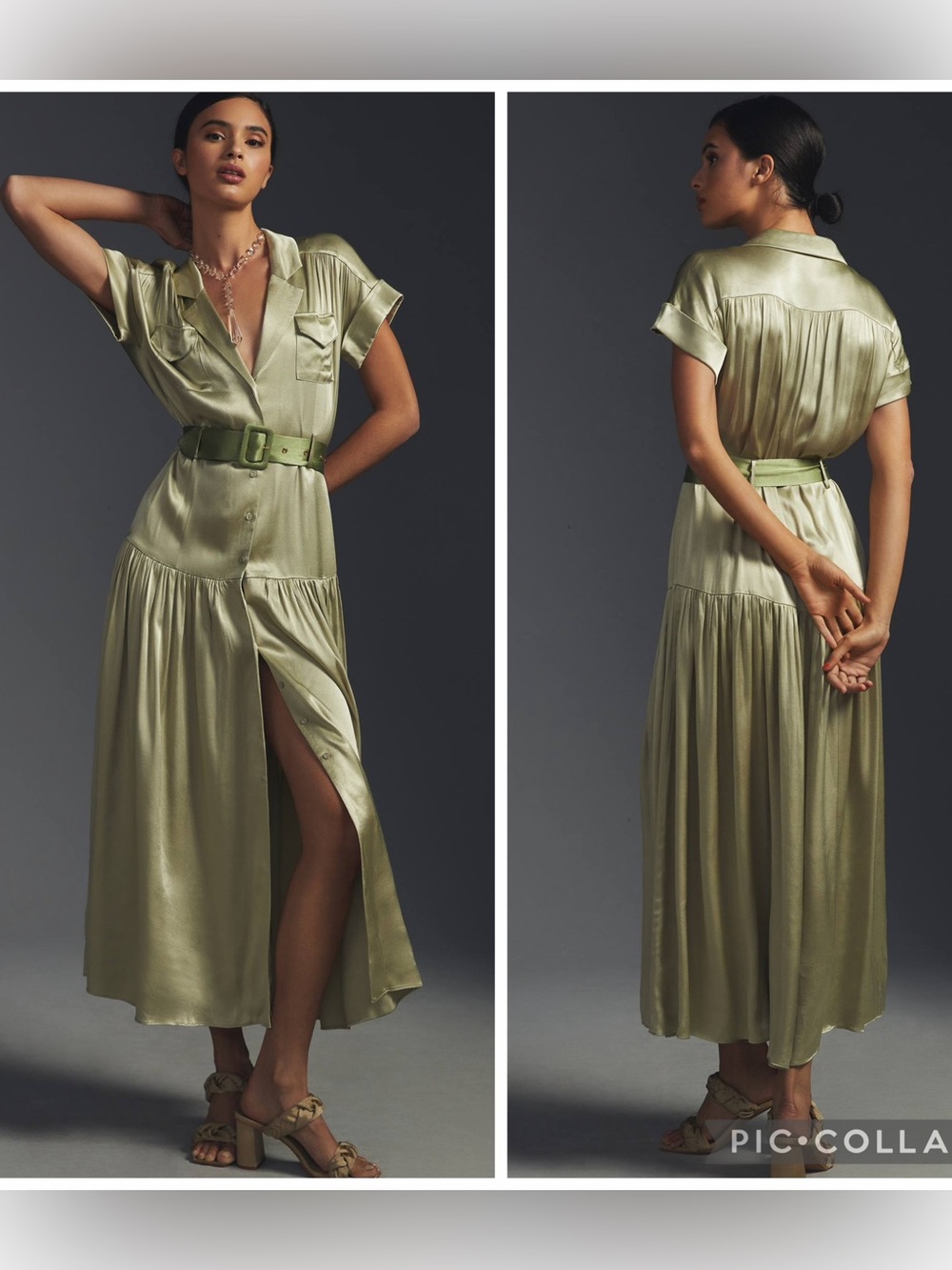 Elliatt Satin Button-Front Maxi Dress with Belt - Olive Green